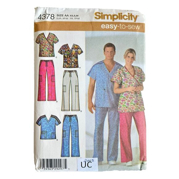 SIMPLICITY 4378 EASY SEWING PATTERN ADULT/TEENS SIZE XS-S-M  SCRUB TOPS & PANTS - Picture 1 of 2